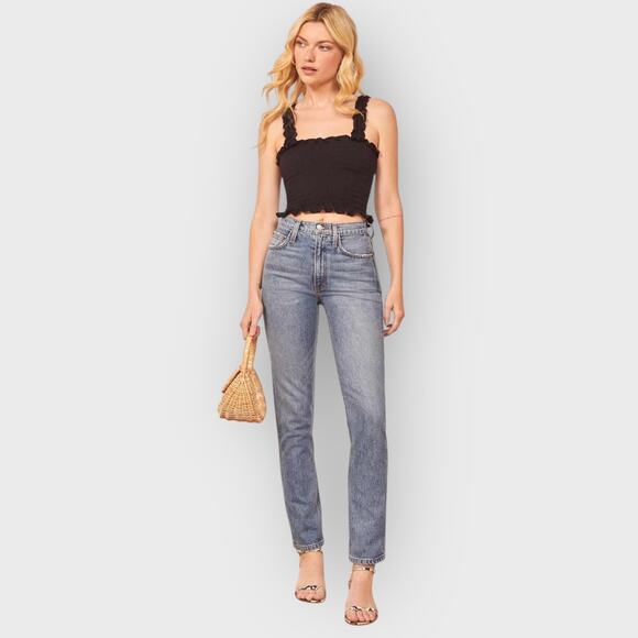 Reformation Leonore Square Neck Crop Top XS Black Smocked Ruffle Y2K Festival - Picture 5 of 9